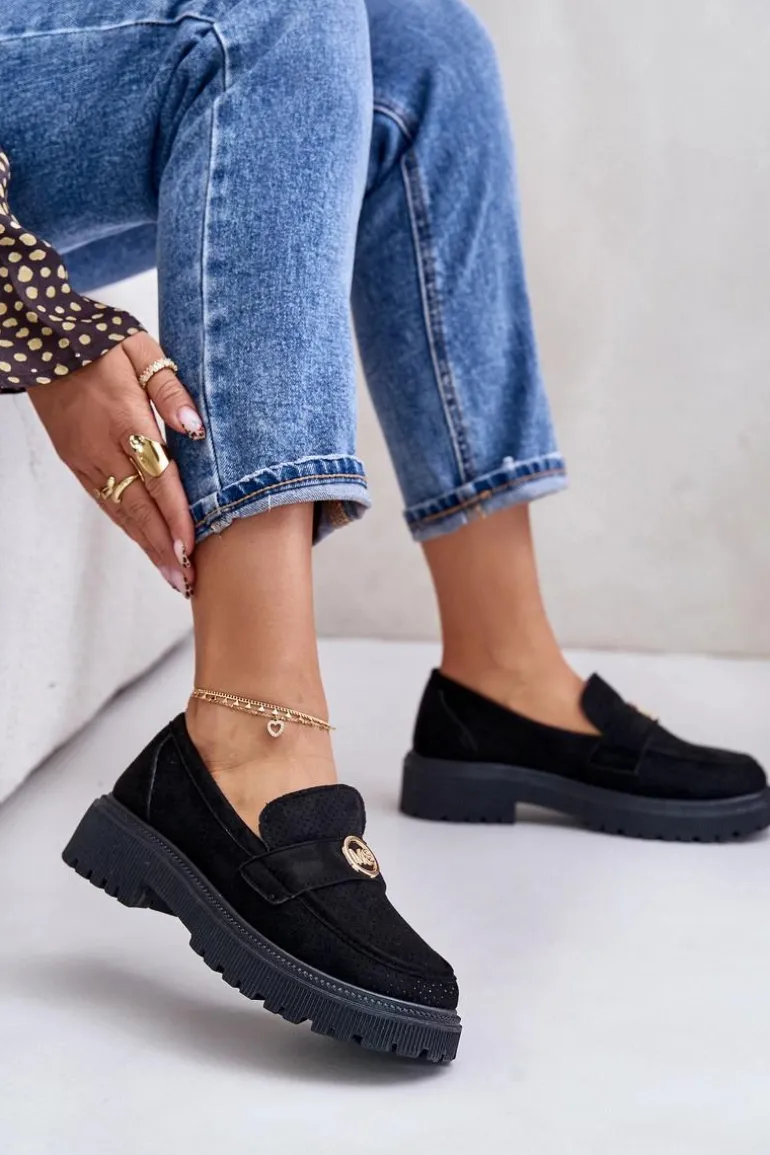 Damskie Półbuty Mokasyny Ze Złotym Detalem Czarne Arilva