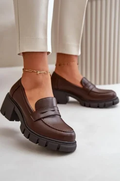 Damskie Półbuty Na Niskim Obcasie Z Eko Skóry Ciemnobrązowe Menloa