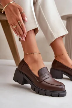 Damskie Półbuty Na Niskim Obcasie Z Eko Skóry Ciemnobrązowe Menloa