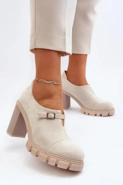 Damskie Półbuty Na Obcasie Słupku Jasnobeżowe Tauina