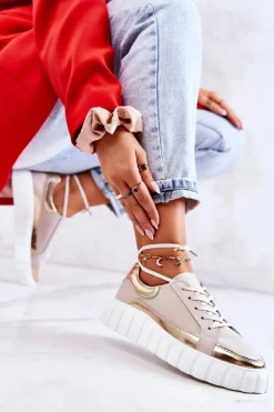 Damskie Półbuty Na Platformie Beżowo-Złote Noriso