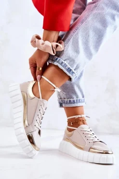 Damskie Półbuty Na Platformie Beżowo-Złote Noriso