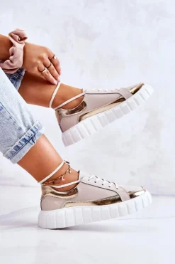 Damskie Półbuty Na Platformie Beżowo-Złote Noriso