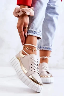 Damskie Półbuty Na Platformie Beżowo-Złote Noriso