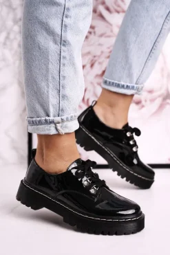 Damskie Półbuty Oxfordy Na Platformie S.Barski HX15 Lakierowane Czarne