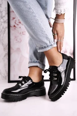 Damskie Półbuty Oxfordy Na Platformie S.Barski HX15 Lakierowane Czarne