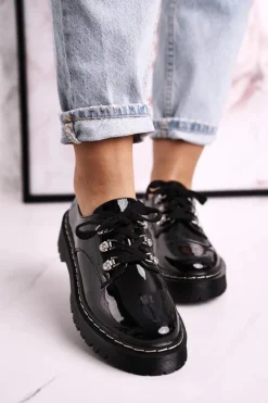 Damskie Półbuty Oxfordy Na Platformie S.Barski HX15 Lakierowane Czarne