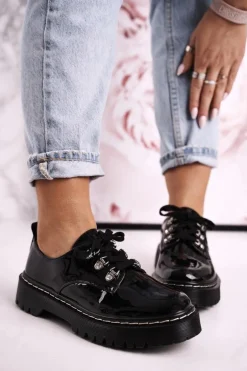 Damskie Półbuty Oxfordy Na Platformie S.Barski HX15 Lakierowane Czarne