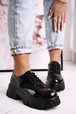 Damskie Półbuty Oxfordy Na Masywnej Platformie S.Barski HX23 Lakierowane Czarne