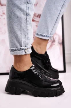 Damskie Półbuty Oxfordy Na Masywnej Platformie S.Barski HX23 Lakierowane Czarne