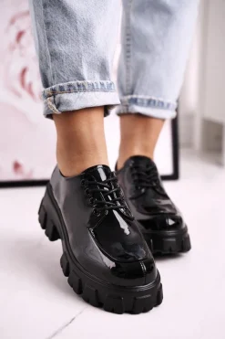 Damskie Półbuty Oxfordy Na Masywnej Platformie S.Barski HX23 Lakierowane Czarne