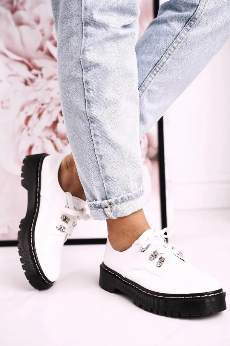 Damskie Półbuty Oxfordy Na Platformie S.Barski HX15 Lakierowane Białe