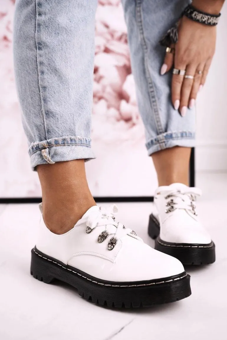 Damskie Półbuty Oxfordy Na Platformie S.Barski HX15 Lakierowane Białe