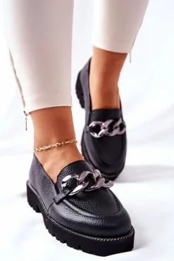Damskie Półbuty Skórzane Loafery Czarne Sthonto