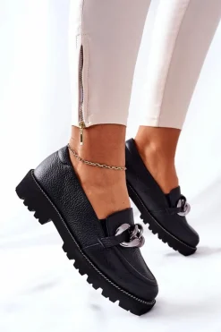 Damskie Półbuty Skórzane Loafery Czarne Sthonto