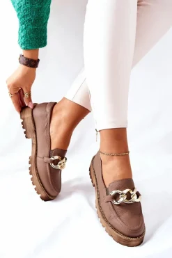 Damskie Półbuty Skórzane Loafery Brązowe Sthonto