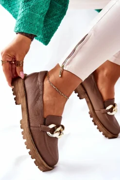 Damskie Półbuty Skórzane Loafery Brązowe Sthonto