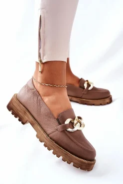 Damskie Półbuty Skórzane Loafery Brązowe Sthonto