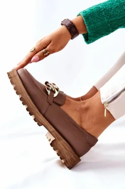 Damskie Półbuty Skórzane Loafery Brązowe Sthonto