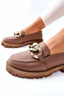 Damskie Półbuty Skórzane Loafery Brązowe Sthonto