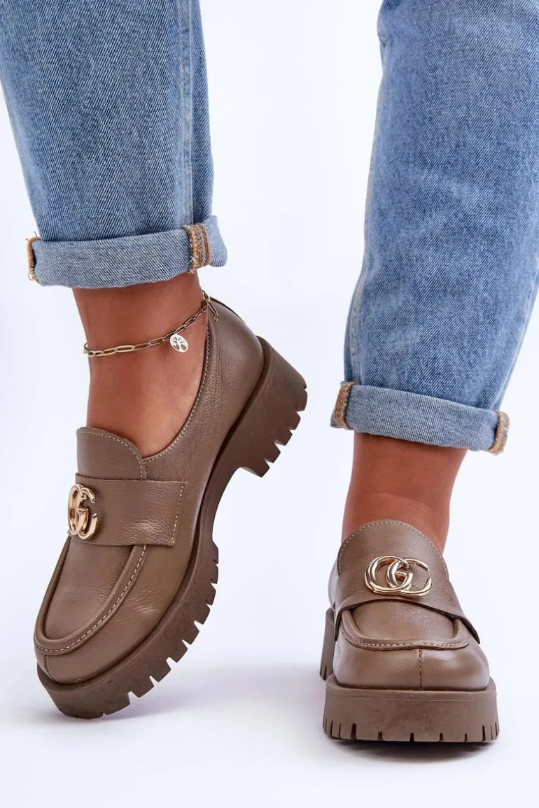 Damskie Półbuty Skórzane Z Ozdobą Ciemnobeżowe Rosefalls