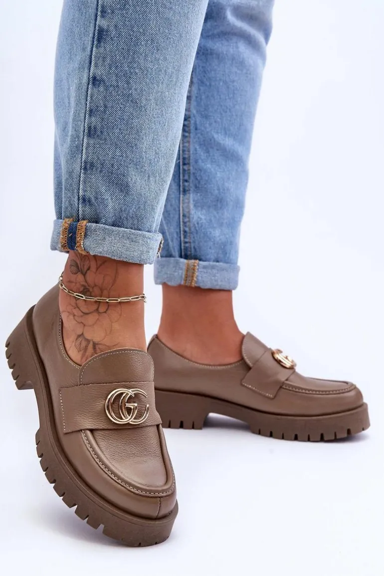 Damskie Półbuty Skórzane Z Ozdobą Ciemnobeżowe Rosefalls