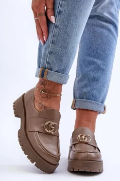 Damskie Półbuty Skórzane Z Ozdobą Ciemnobeżowe Rosefalls