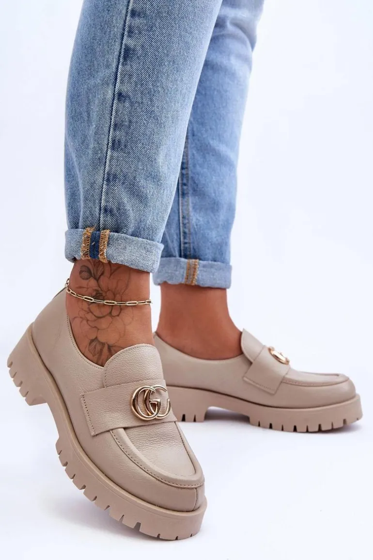 Damskie Półbuty Skórzane Z Ozdobą Beżowe Rosefalls