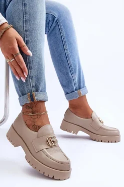 Damskie Półbuty Skórzane Z Ozdobą Beżowe Rosefalls