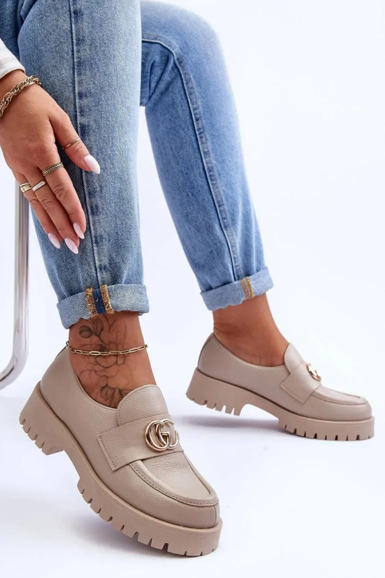 Damskie Półbuty Skórzane Z Ozdobą Beżowe Rosefalls