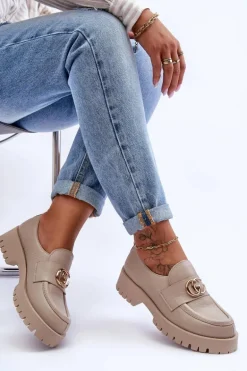 Damskie Półbuty Skórzane Z Ozdobą Beżowe Rosefalls