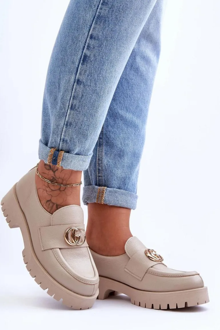 Damskie Półbuty Skórzane Z Ozdobą Beżowe Rosefalls