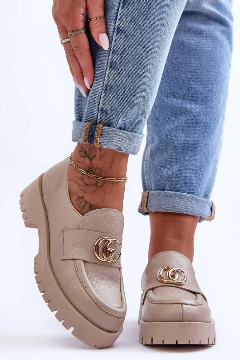 Damskie Półbuty Skórzane Z Ozdobą Beżowe Rosefalls