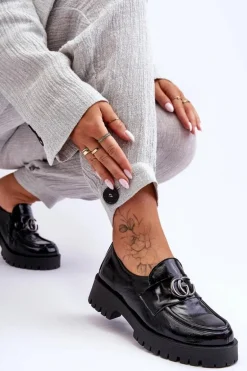 Damskie Półbuty Skórzane Z Ozdobą Czarne Rosefalls