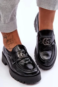 Damskie Półbuty Skórzane Z Ozdobą Czarne Rosefalls