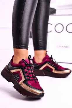 Damskie Półbuty Sneakersy Maciejka Skórzane Bordowe 04731-23