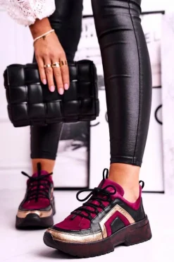 Damskie Półbuty Sneakersy Maciejka Skórzane Bordowe 04731-23