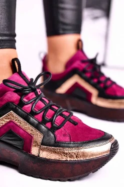 Damskie Półbuty Sneakersy Maciejka Skórzane Bordowe 04731-23