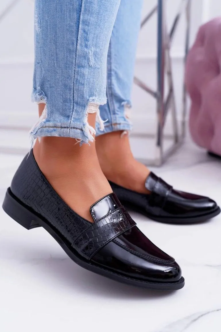 Damskie Półbuty Wsuwane Skórzane Lordsy Czarne Dynasty