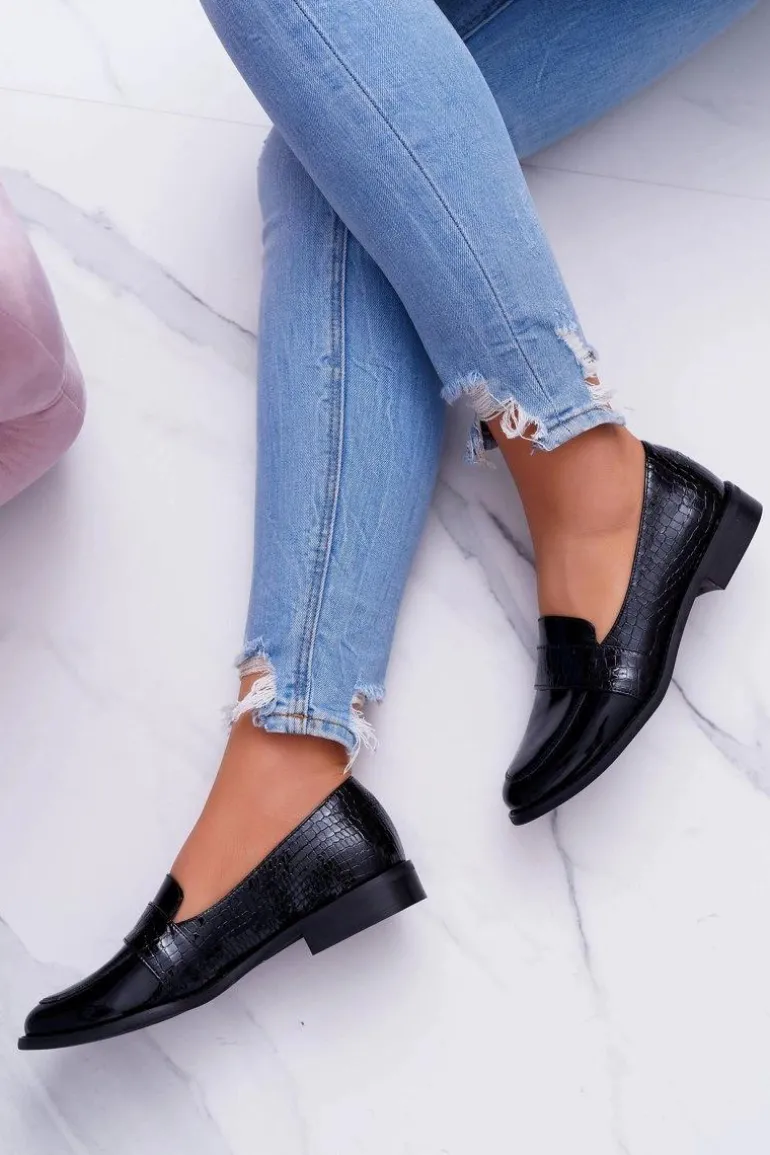 Damskie Półbuty Wsuwane Skórzane Lordsy Czarne Dynasty