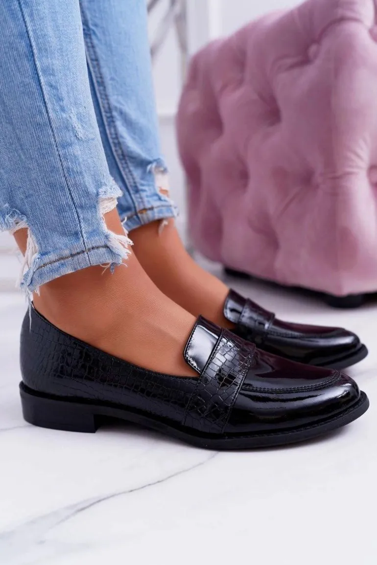 Damskie Półbuty Wsuwane Skórzane Lordsy Czarne Dynasty