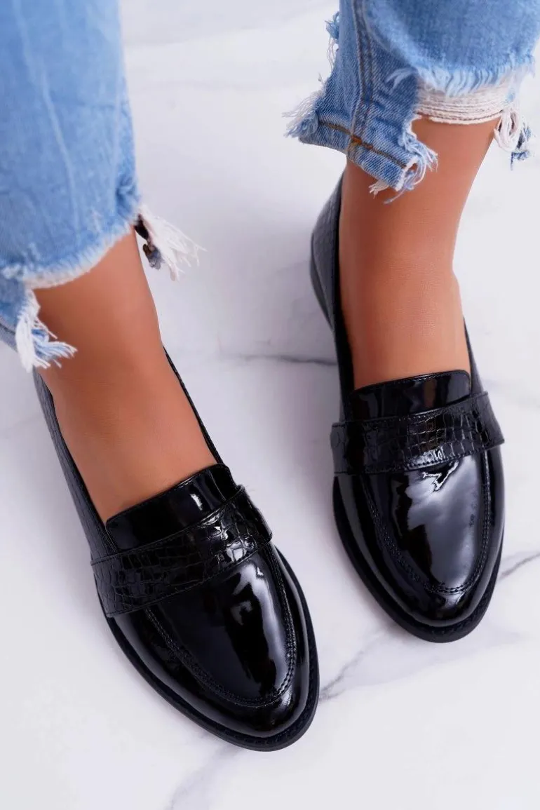 Damskie Półbuty Wsuwane Skórzane Lordsy Czarne Dynasty