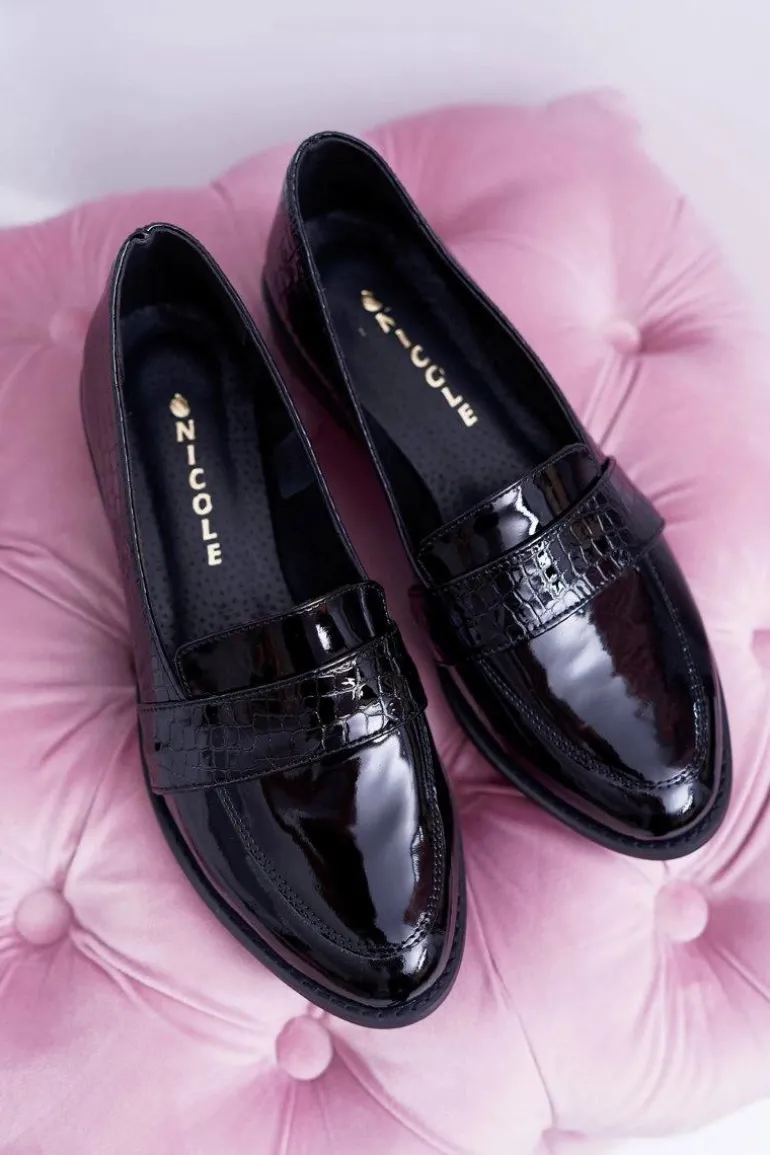 Damskie Półbuty Wsuwane Skórzane Lordsy Czarne Dynasty