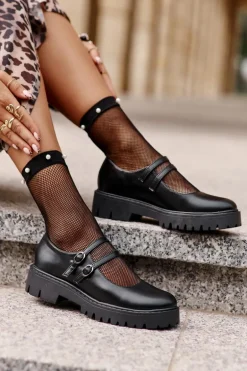 Damskie Półbuty Z Paskami Czarne Rialuna