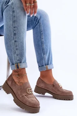 Damskie Półbuty Zamszowe Z Ozdobą Ciemnobeżowe Rosefalls