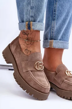 Damskie Półbuty Zamszowe Z Ozdobą Ciemnobeżowe Rosefalls