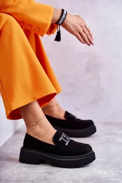 Damskie Półbuty Zamszowe Z Ozdobą Czarne Leeza