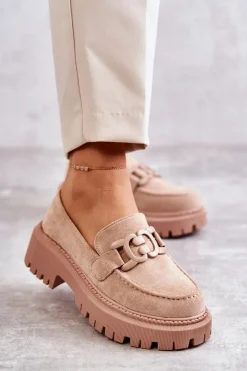 Damskie Półbuty Zamszowe Z Ozdobą Beżowe Leeza
