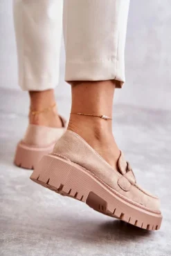 Damskie Półbuty Zamszowe Z Ozdobą Beżowe Leeza