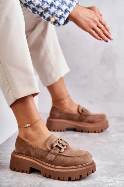 Damskie Półbuty Zamszowe Z Ozdobą Ciemnobeżowe Leeza